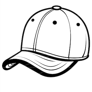 May include: A black and white illustration of a baseball cap. The cap has a curved brim and a rounded crown.
