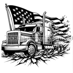 May include: Black and white illustration of a semi-truck with an American flag waving behind it. The truck is breaking through a surface, with the flag billowing in the wind. The image has a patriotic theme.