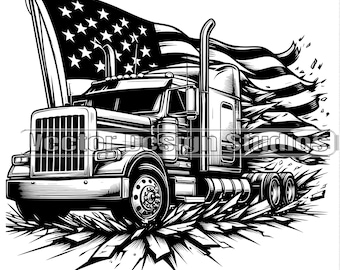 May include: Black and white illustration of a semi-truck with an American flag waving behind it. The truck is breaking through a surface, with the flag billowing in the wind. The image has a patriotic theme.