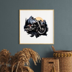 May include: A framed illustration of a black motorcycle with a mountain range and a sun in the background.