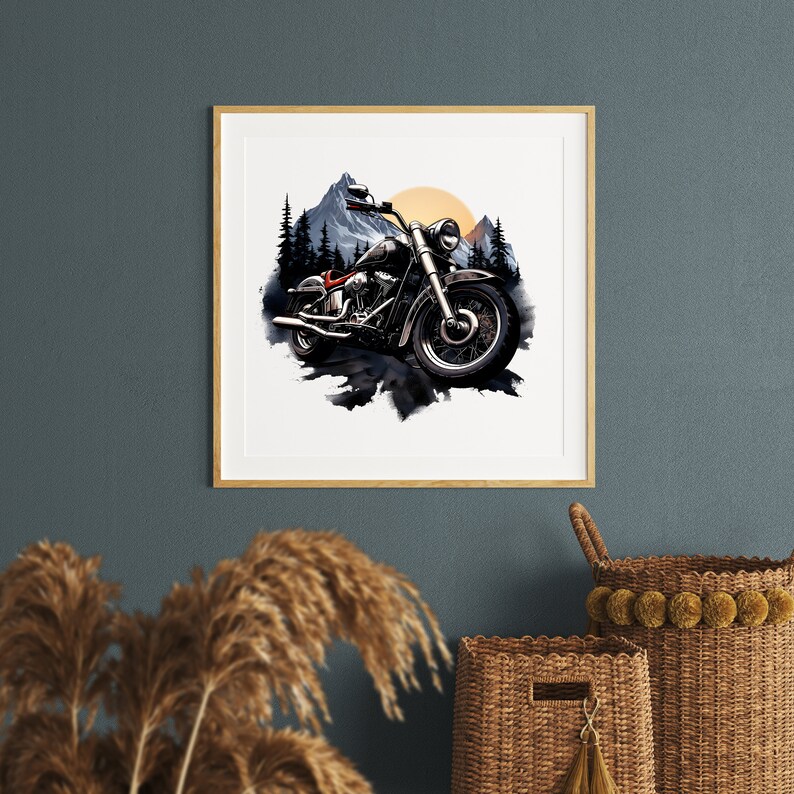 May include: A framed illustration of a black motorcycle with a mountain range and a sun in the background.