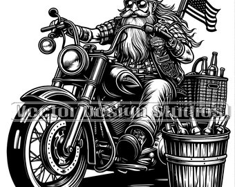 May include: A black and white illustration of a bearded man riding a motorbike with a basket of beer bottles and a US flag on the back.