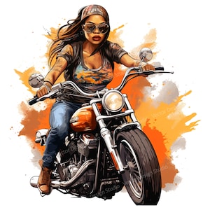 Black Woman Biker Png for Sublimation, African American Female Motorcycle Chopper clip art, T shirt Design, Biker clipart digital download