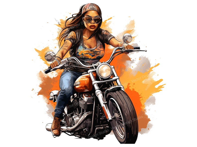 K&ouml;nnte beinhalten: Eine Frau mit Bandana und Sonnenbrille f&auml;hrt ein orangefarbenes Vintage-Motorrad mit Chrom-Akzenten. Das Motorrad hat ein gro&szlig;es Vorderrad und einen Einzelsitz. Der Hintergrund ist ein orangefarbener und grauer Spritzer im Aquarellstil.