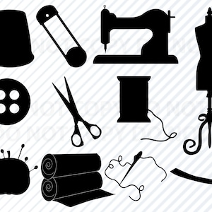 May include: A set of black silhouette sewing tools and supplies, including a thimble, a pin, a sewing machine, a dress form, a spool of thread, scissors, a pincushion, and fabric rolls.