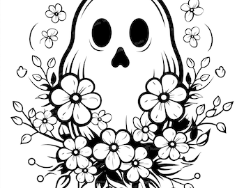Ghost with Flowers Svg & PNG Files, Halloween Clipart Silhouette Vector Image, cute ghost SVG Sublimation Design, Transparent Background