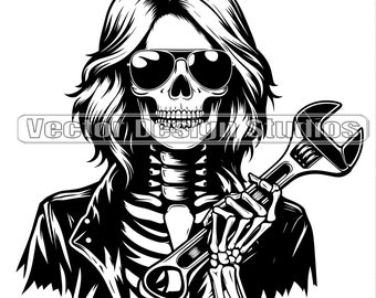 Girl Mechanic Skull Svg & PNG Files, Woman Mechanic Wrench Clipart Silhouette Vector Image, Handyman SVG T shirt Design, Digital Download