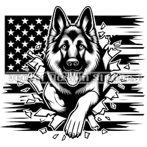 May include: Black and white illustration of a German Shepherd dog bursting through a torn American flag. The dog is looking directly at the viewer with its mouth closed.