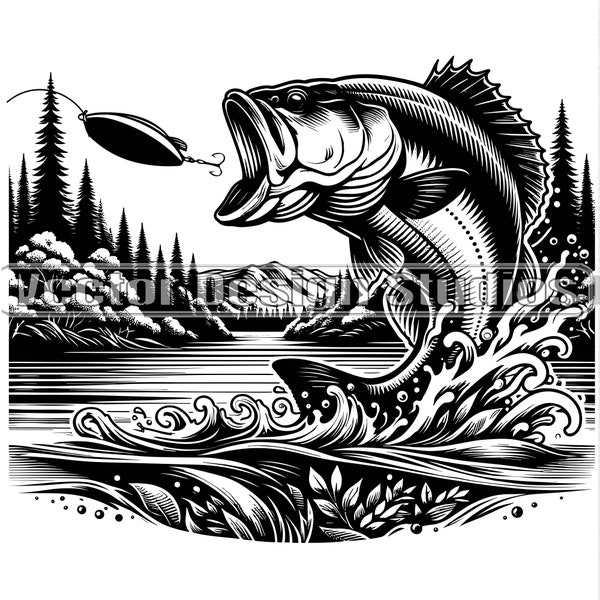 Bass Fishing Svg & PNG Files, Bass Fish Clipart Silhouette Vector Image, Fishing SVG Laser engraving, Jumping fish in lake Illustration,