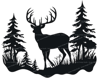 May include: Black silhouette of a deer standing in a forest with two pine trees. The deer has large antlers and is facing to the right. The trees are tall and slender with branches that reach up to the sky.