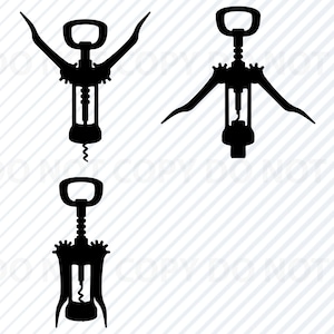 May include: Three black silhouette images of a corkscrew. The corkscrews are in different positions. One is upright, one is facing left, and one is facing right.