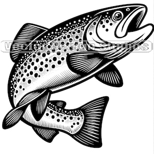 Peut inclure: Une illustration en noir et blanc d'une truite sautant hors de l'eau. Le poisson a un design détaillé avec des taches et des nageoires.