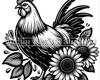Chicken with Sunflowers SVG, Floral Farm Clipart (Digital Download)