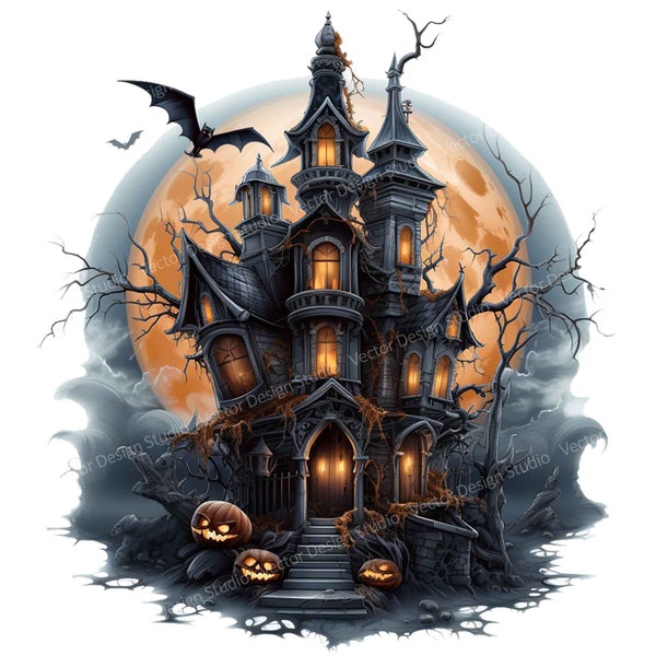 Haunted House Png for Sublimation Mug & T shirt Designs, Spooky Halloween Haunted House clipart Images on transparent background,