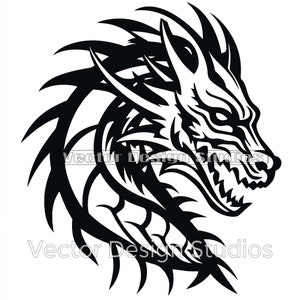 Dragon Head Tattoo Design Svg & PNG Files, Dragon Clipart Silhouette Vector Image, Cut file SVG Sublimation Design, Transparent Background