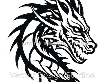 Dragon Head Tattoo Design Svg & PNG Files, Dragon Clipart Silhouette Vector Image, Cut file SVG Sublimation Design, Transparent Background