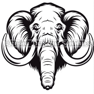 May include: Black and white illustration of a mammoth head with large tusks. The mammoth has a detailed, textured face and a fierce expression.