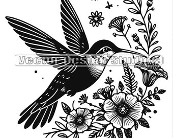 Hummingbird with Wildflowers SVG – Spring Floral Clipart (PNG)