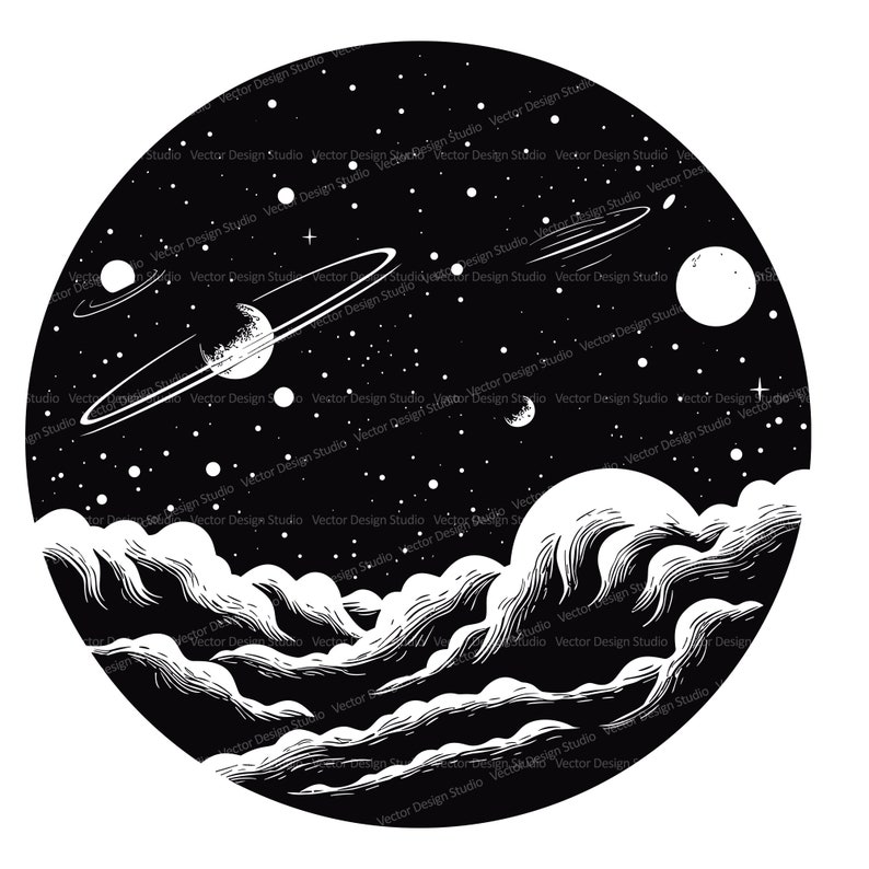 May include: Black and white illustration of a celestial scene with planets, stars, and clouds. The planets have rings and are surrounded by a starry sky. The clouds are fluffy and appear to be floating in the sky.