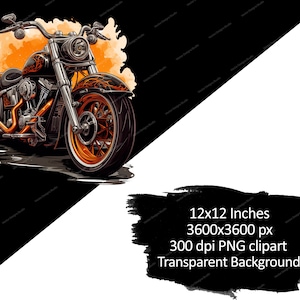 May include: A detailed illustration of a black and orange motorcycle with chrome accents. The motorcycle is set against a black and orange background. The image includes the text: 12x12 Inches, 3600x3600 px, 300 dpi PNG clipart, Transparent Background.