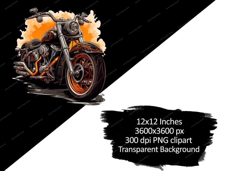 May include: A detailed illustration of a black and orange motorcycle with chrome accents. The motorcycle is set against a black and orange background. The image includes the text: 12x12 Inches, 3600x3600 px, 300 dpi PNG clipart, Transparent Background.