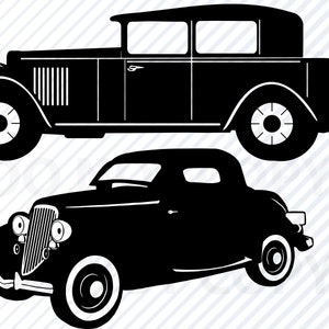 Könnte beinhalten: Zwei schwarze Silhouettenbilder von Oldtimern. Das obere Auto ist eine Limousine mit einem Reserverad hinten. Das untere Auto ist ein Coupé.