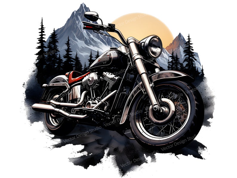 May include: A black motorcycle with a chrome engine and exhaust pipes, set against a backdrop of mountains and trees. The motorcycle has a large front headlight and a single seat.