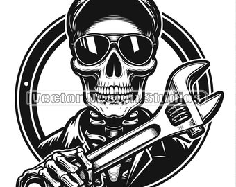 Mechanic Skull Wrench SVG, PNG, Handyman Vector Clipart (Digital Download)