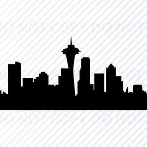 May include: Black silhouette of the Seattle skyline, featuring the Space Needle and other buildings.