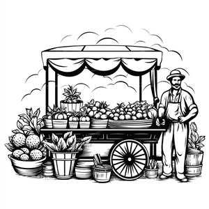 May include: Black and white illustration of a farmer's market stall. The stall is filled with various fruits and vegetables in baskets and pots. A man in overalls and a hat stands next to the stall, with a wheel and a canopy overhead.