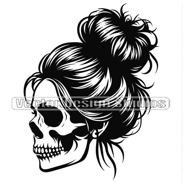Girl Skull Svg & PNG Files, Girls Messy Bun Hair face Clipart Silhouette Vector Image, Skeleton SVG T shirt Design, Digital Download