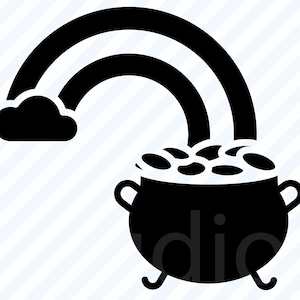 Könnte beinhalten: Eine schwarze Silhouette eines Regenbogens mit einer Wolke am Ende, die zu einem schwarzen Topf führt, der mit Goldmünzen gefüllt ist.