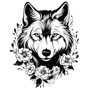 Wolf Head with Flowers SVG File - Floral Wolf Head Vector Images, Wolf Clipart SVG Image for Logo