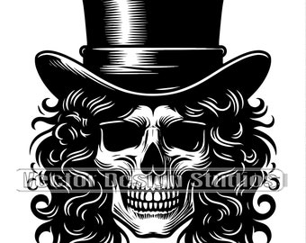 Skull Top Hat Vector, Long Hair Silhouette (SVG & PNG)