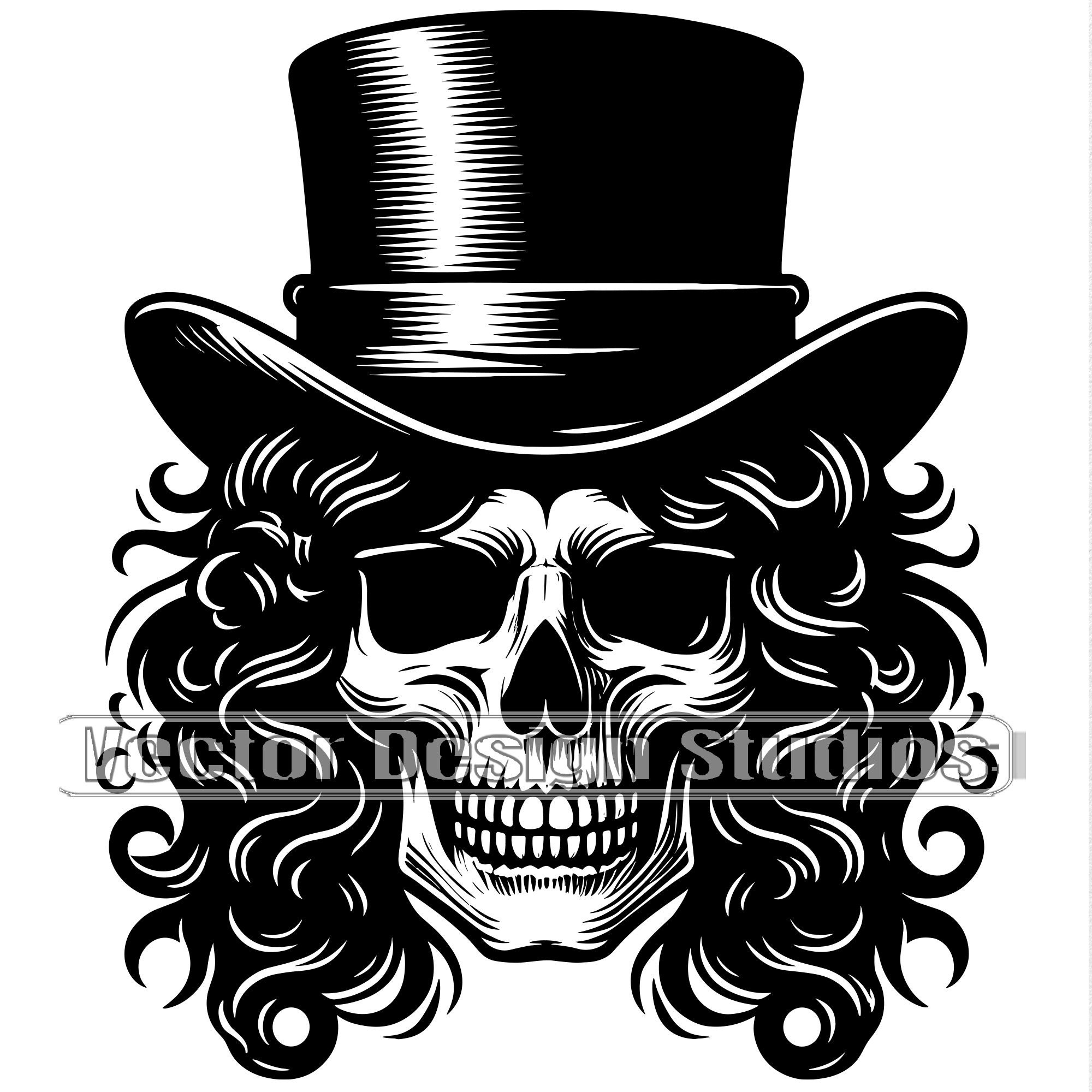 Skull Top Hat Svg & PNG Files, Long Hair Skull Clipart