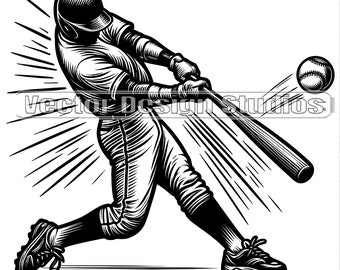 May include: Black and white illustration of a baseball player swinging a bat. The player is wearing a helmet, uniform, and cleats. The baseball is in mid-air, and the text "Vector Design Studios" is visible.