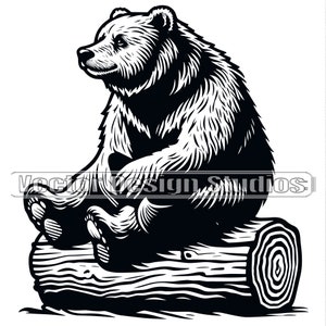May include: Black and white illustration of a bear sitting on a log. The bear is facing to the right and has a thick coat of fur. The log is made of wood and has a rough texture.