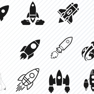 May include: A collection of black rocket ship icons in various designs. Some rockets have flames, others have windows, and one is shown orbiting the Earth. The rockets are set against a white background with diagonal lines.
