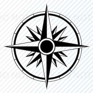 May include: A black and white compass with a circular design and a four-pointed star in the center.