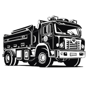 May include: Black and white illustration of a large, flatbed truck with a tipping body. The truck has a large, black grille with a peace sign emblem. The truck is on a white background.