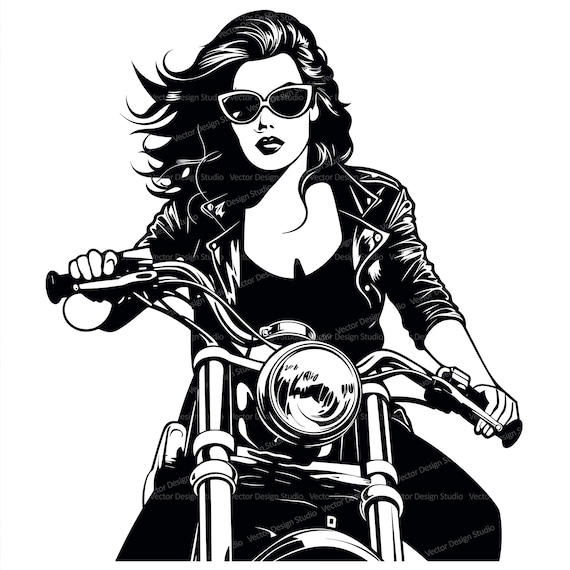 バイカーチックSVG＆PNGファイル、バイクに乗る女性クリップアート