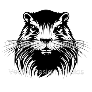 May include: Black and white illustration of a gopher's face with whiskers.