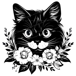 Cat with Flowers Svg & PNG Files, Black Cat Clipart Silhouette Vector Image, SVG For T shirt Design Transparent Background Print file