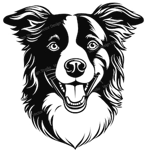May include: Black and white illustration of a Border Collie dog with a happy expression. The dog's tongue is sticking out and its ears are perked up.