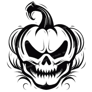Peut inclure: Illustration en noir et blanc d'une citrouille d'Halloween avec un visage de crâne. La citrouille a une expression menaçante avec des dents pointues et une tige incurvée. Le design est détaillé avec des accents tourbillonnants.