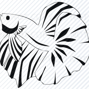 Pode incluir: Desenho de linha preto e branco de um peixe betta com barbatanas fluidas. O peixe está voltado para a direita e tem uma grande barbatana caudal fluida.