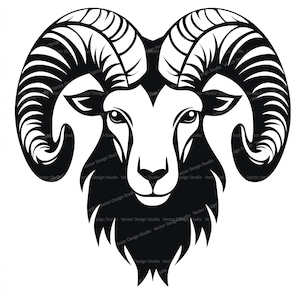 Può includere: Illustrazione in bianco e nero di una testa di ariete con grandi corna ricci.