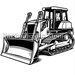 Puede incluir: Una ilustración en blanco y negro de una excavadora con una pala grande. La excavadora tiene una cabina con una ventana y un juego de orugas.