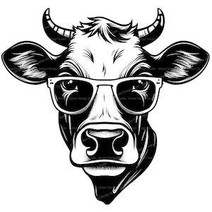 Cow with Glasses Svg & PNG File Graphic, Funny Farm Animal Vector Clipart, Illustration SVG For T shirt Design, Transparent Background print