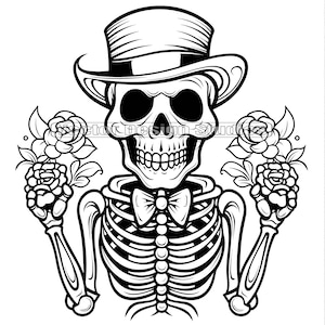 Skeleton Skull With Roses Svg & PNG Files, Halloween Bones Clipart Silhouette Vector Image,  SVG For Shirt Design Digital Download